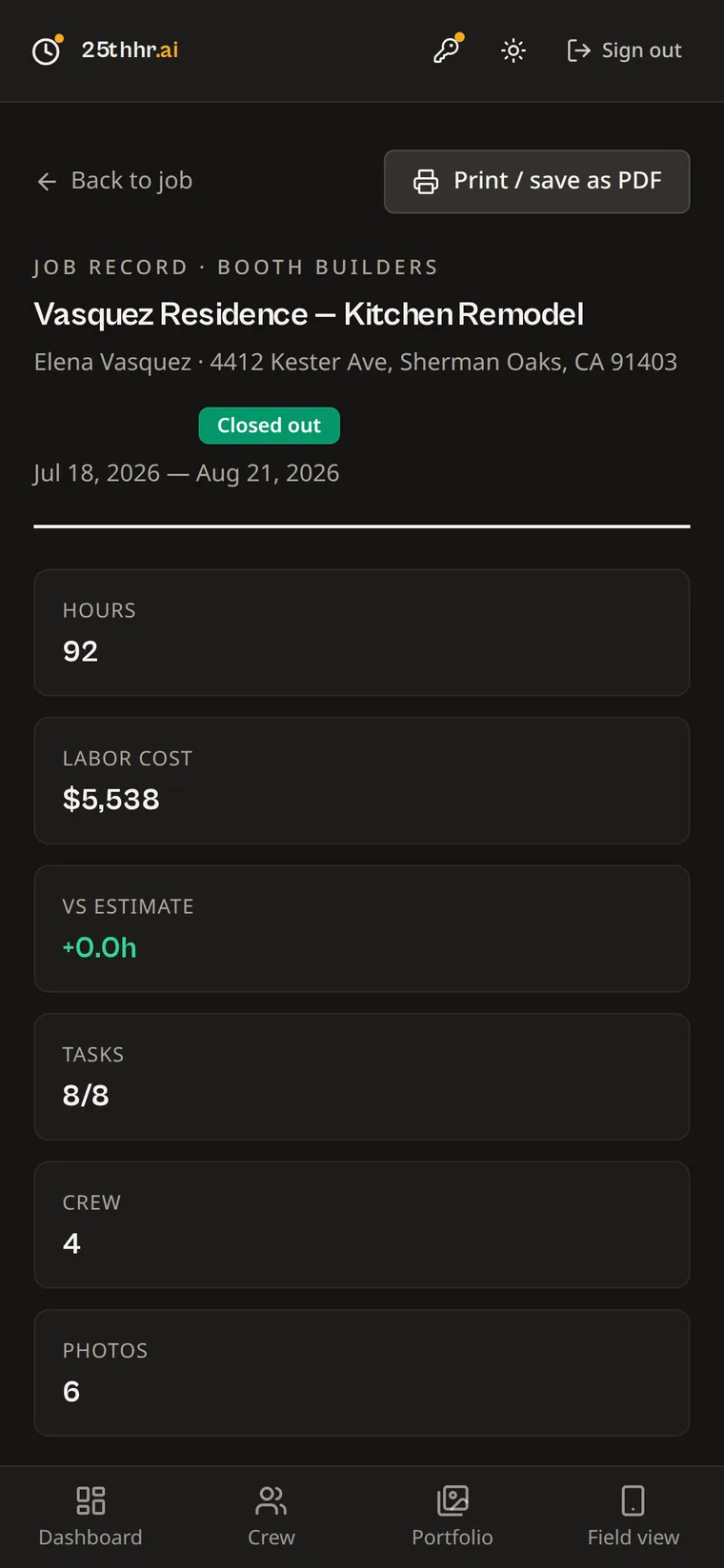 Closed-out job record with hours, labor cost, tasks and photos