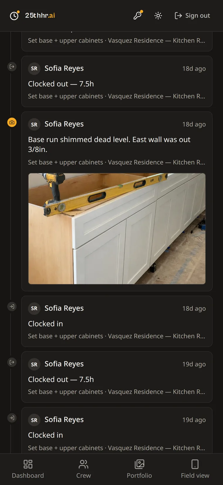 Live timeline of clock-ins and jobsite photos from the crew